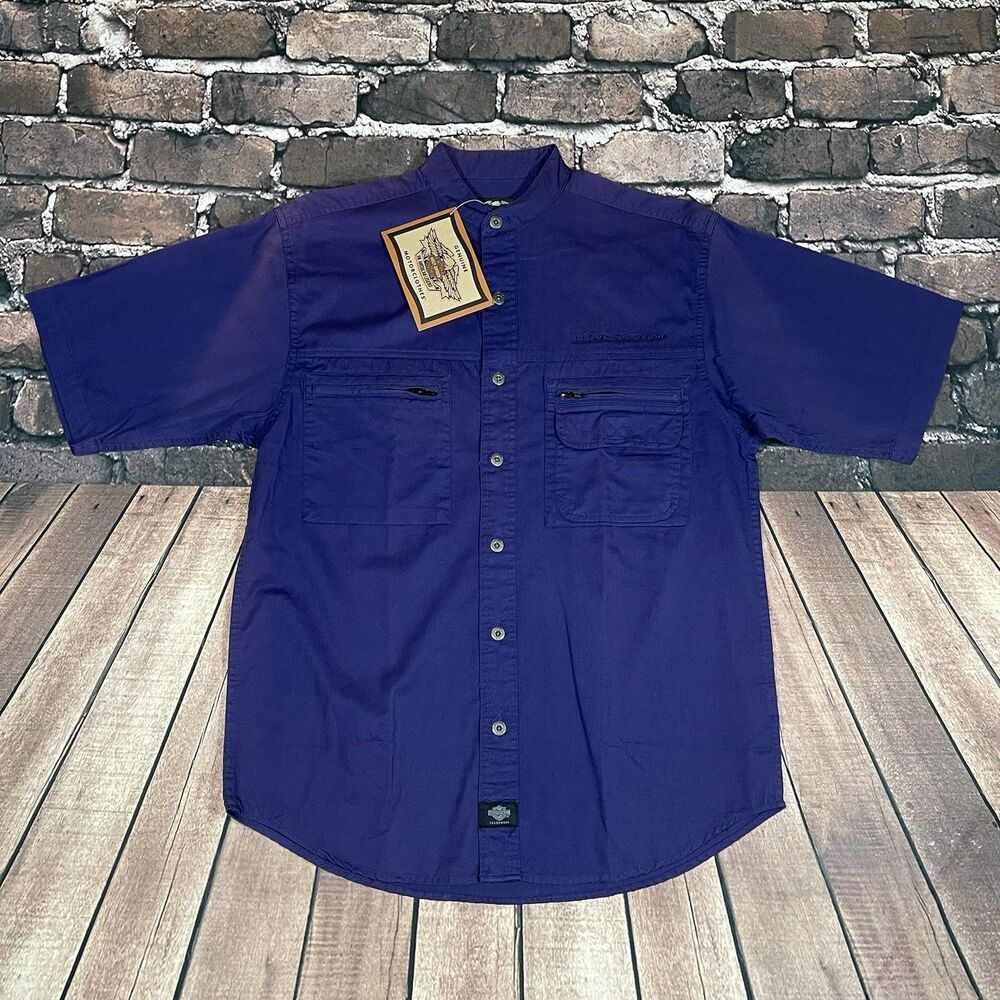 Vintage Harley Davidson Banded Collar Cobalt Button Zip Pocket Shirt Mens S NWT